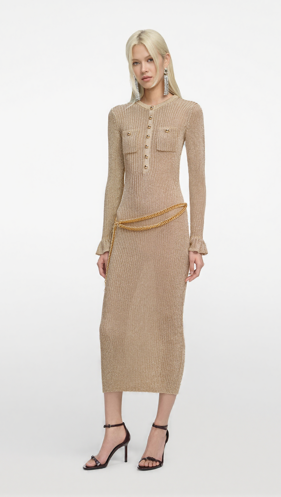 LAUREN GOLD LUREX RIBBED KNIT MIDI DRESS