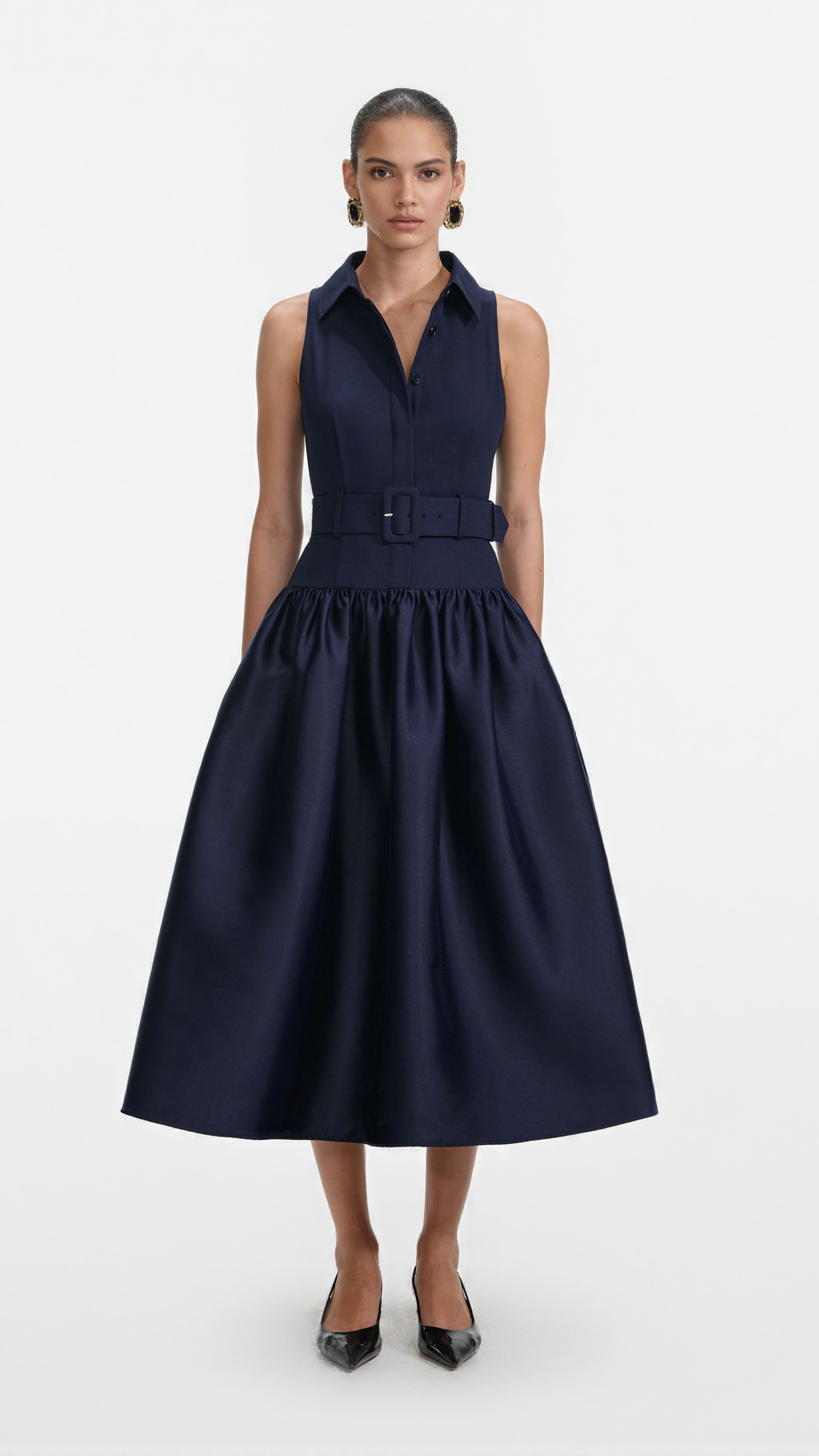 NAOMI NAVY BELTED TWILL MIDI DRESS