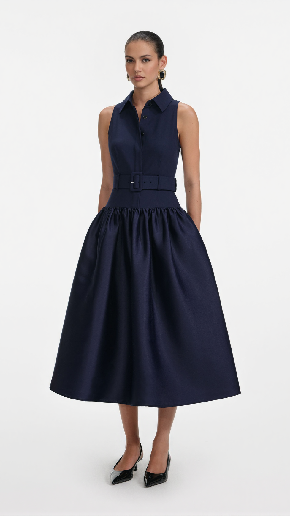 NAOMI NAVY BELTED TWILL MIDI DRESS