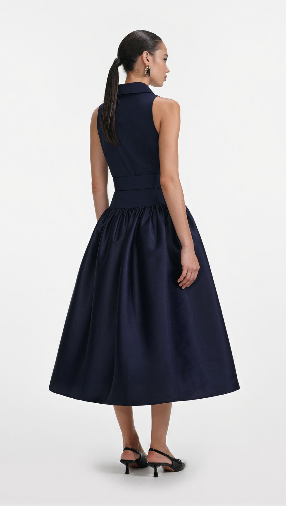 NAOMI NAVY BELTED TWILL MIDI DRESS