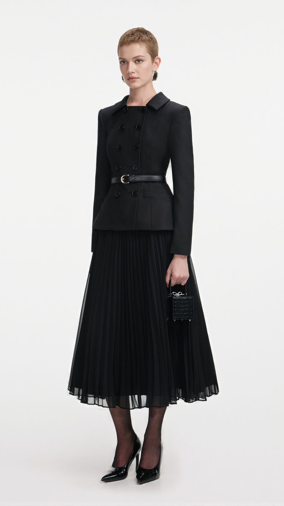 ROSALIND BLACK WOOL CREPE MIDI DRESS