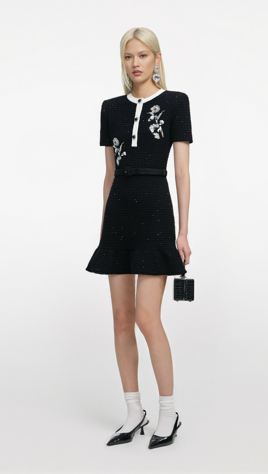 TAMMY BLACK FLORAL TEXTURED KNIT MINI DRESS