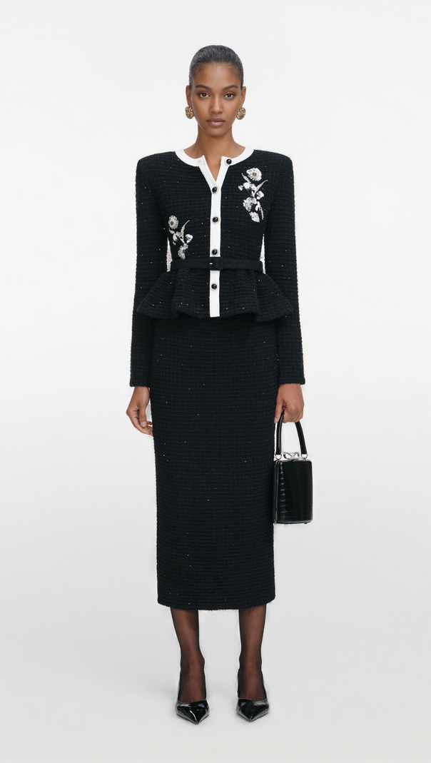 AIIZIE VICKY BLACK FLORAL TEXTURED KNIT MIDI DRESS - product image