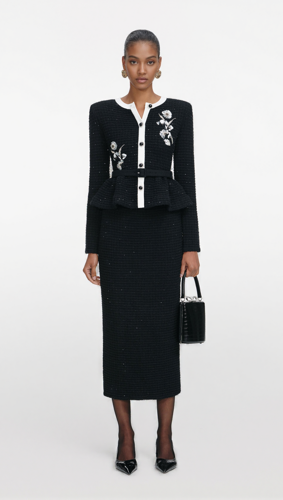 VICKY BLACK FLORAL TEXTURED KNIT MIDI DRESS