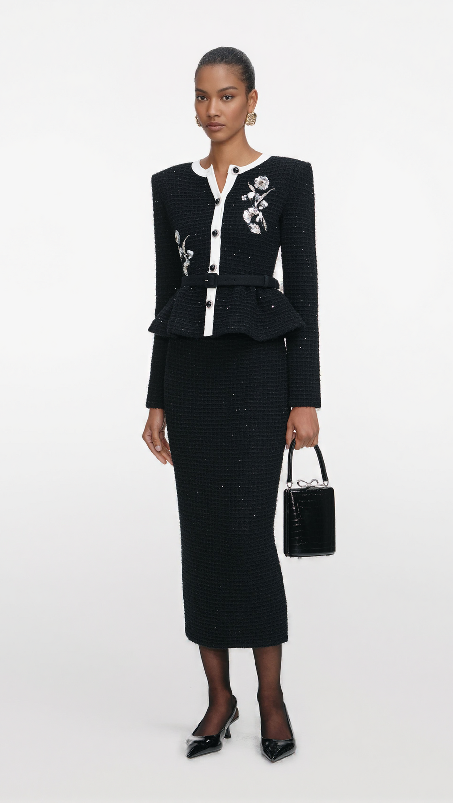 VICKY BLACK FLORAL TEXTURED KNIT MIDI DRESS