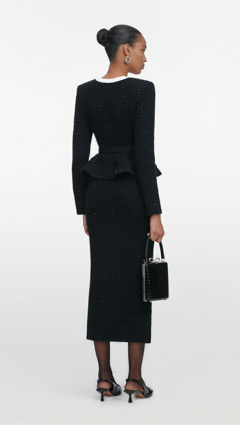 VICKY BLACK FLORAL TEXTURED KNIT MIDI DRESS