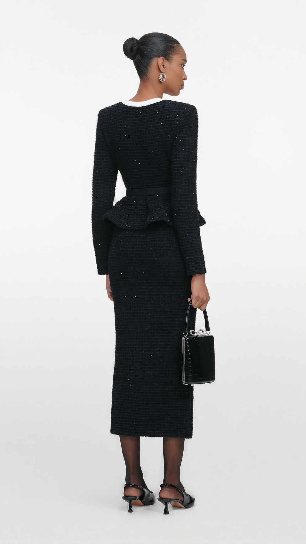 VICKY BLACK FLORAL TEXTURED KNIT MIDI DRESS