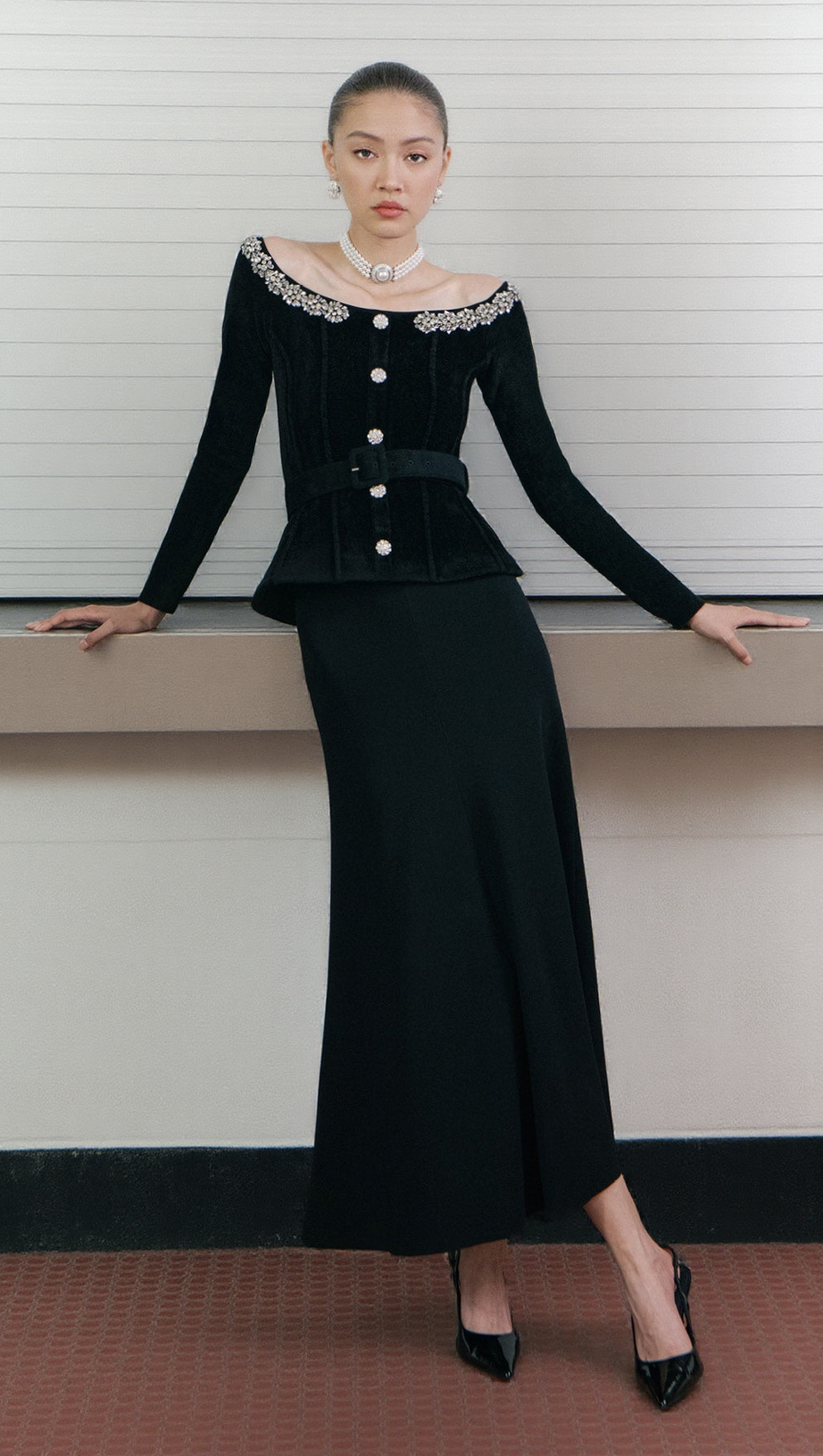 XAVIERA BLACK CHENILLE KNIT CRYSTAL TRIM MIDI DRESS