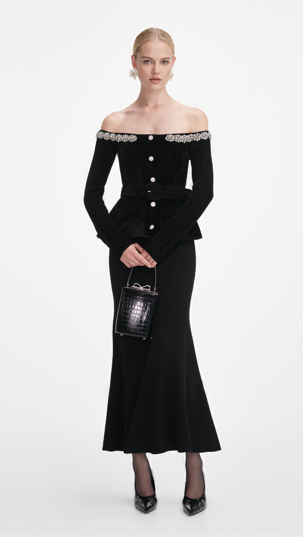 AIIZIE XAVIERA BLACK CHENILLE KNIT CRYSTAL TRIM MIDI DRESS - product image