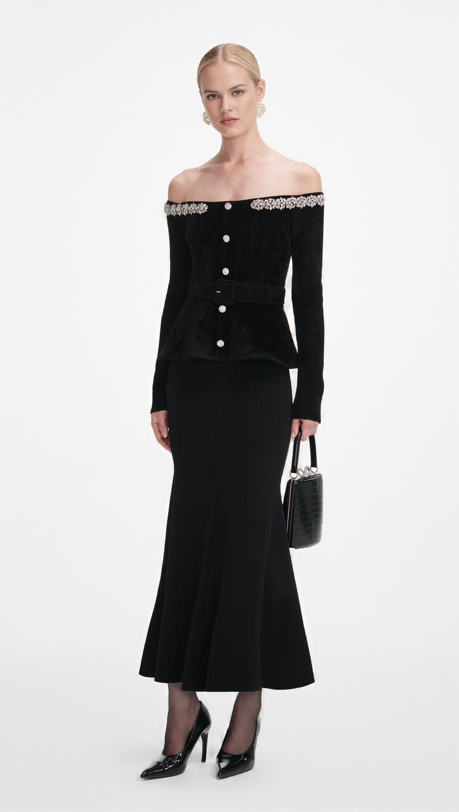 XAVIERA BLACK CHENILLE KNIT CRYSTAL TRIM MIDI DRESS