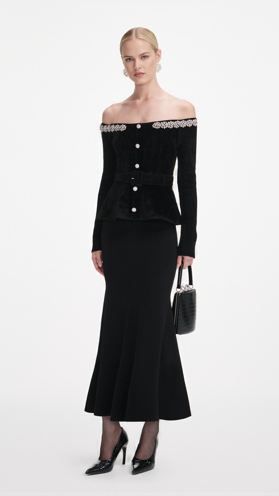 XAVIERA BLACK CHENILLE KNIT CRYSTAL TRIM MIDI DRESS