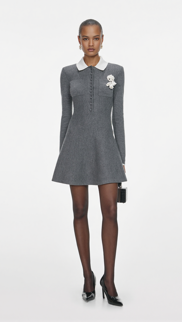 AIIZIE WINNI GREY CROCHET FLOWER COLLARED KNIT MINI DRESS - product image