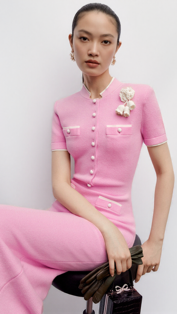 AIIZIE YVETTE PINK CROCHET FLOWER KNIT MIDI DRESS - product image