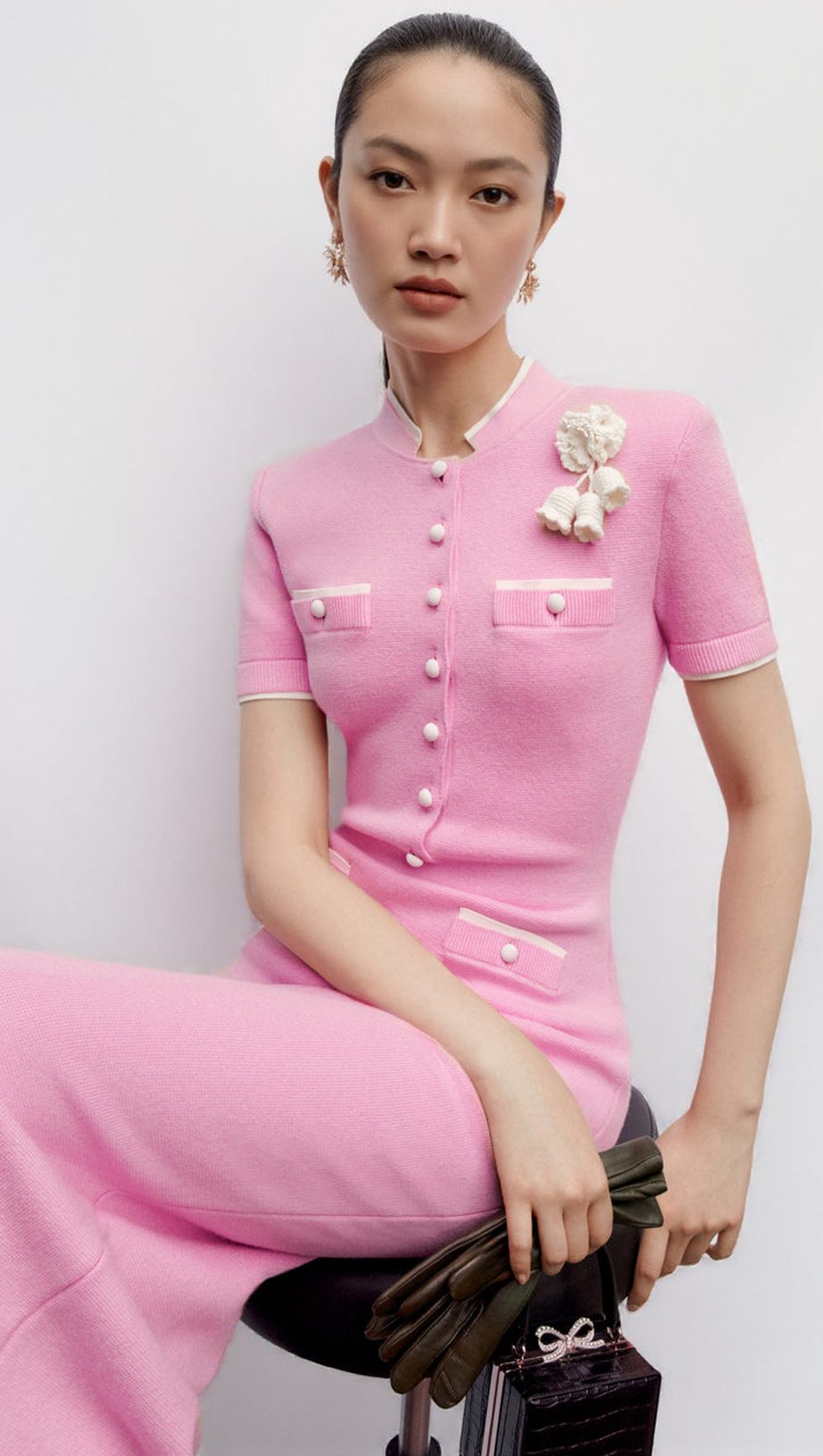 YVETTE PINK CROCHET FLOWER KNIT MIDI DRESS