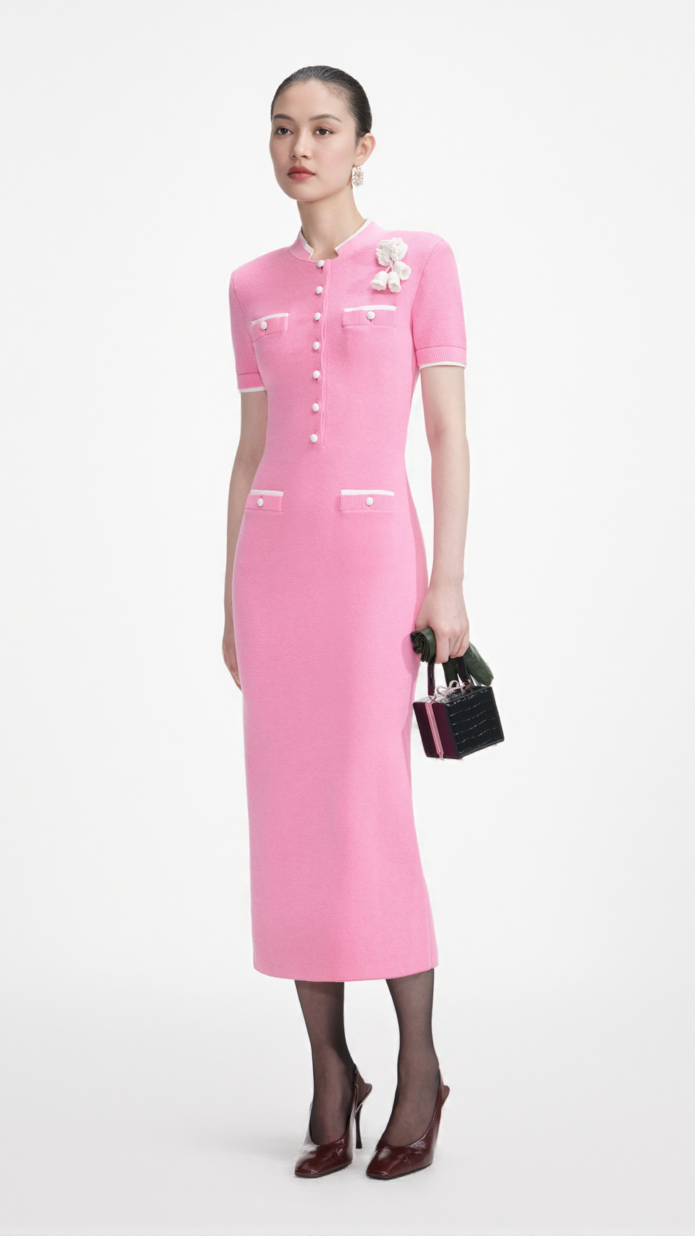 YVETTE PINK CROCHET FLOWER KNIT MIDI DRESS