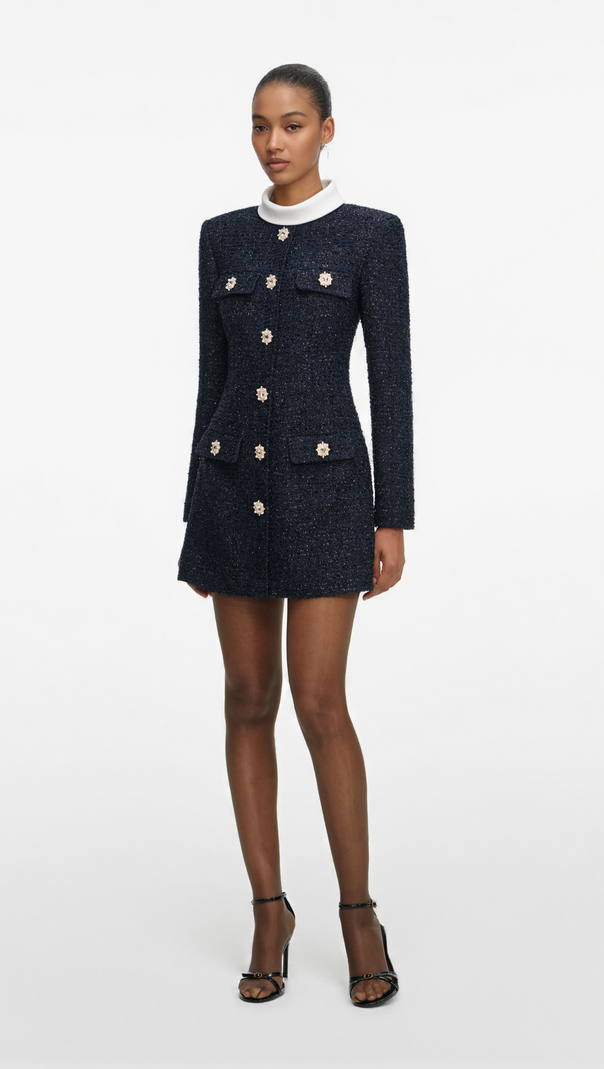 AIIZIE STACEY NAVY BOUCLE LONG SLEEVE MINI DRESS - product image