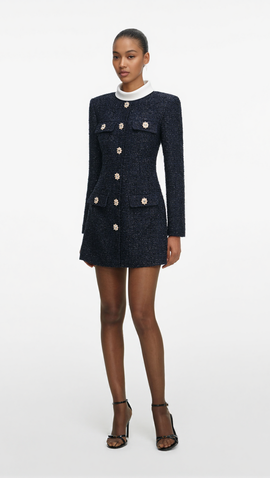 STACEY NAVY BOUCLE LONG SLEEVE MINI DRESS