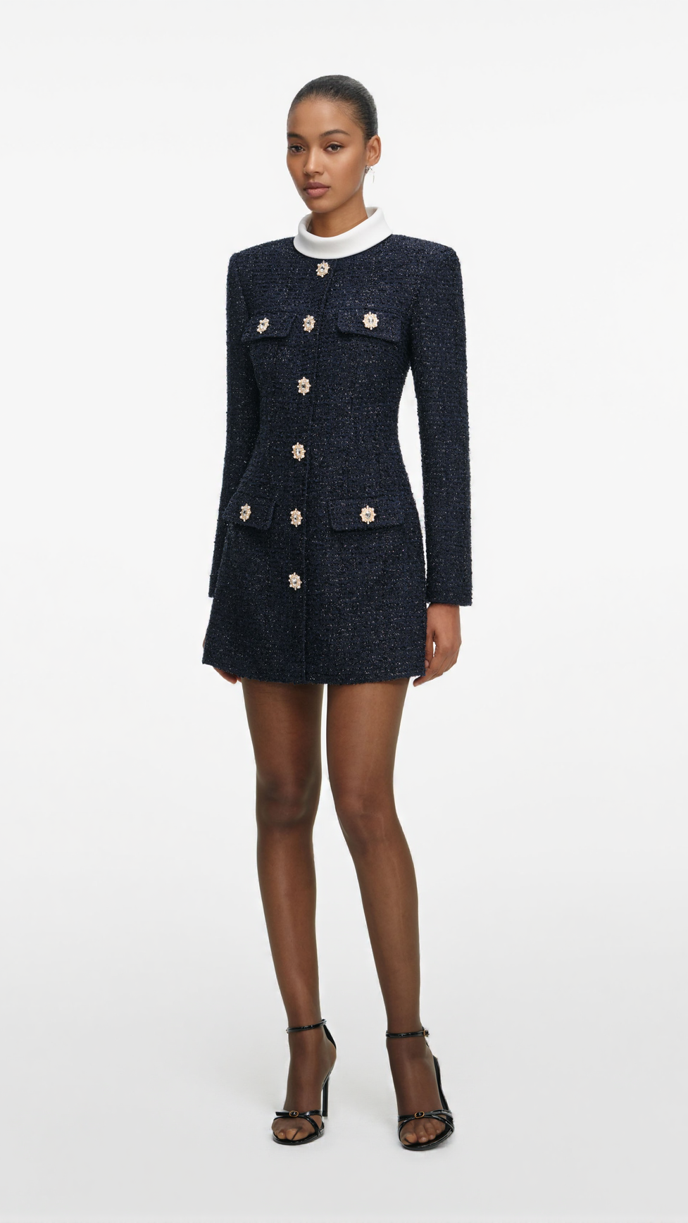 STACEY NAVY BOUCLE LONG SLEEVE MINI DRESS