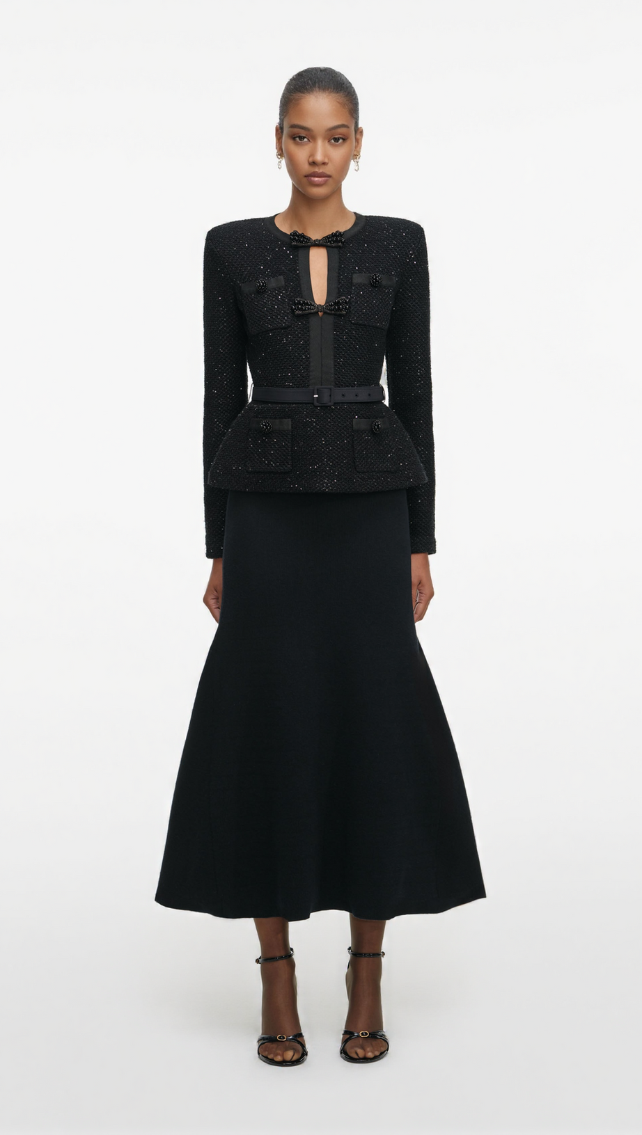 MOLLY BLACK SEQUIN KNIT TAILORED MIDI DRESS