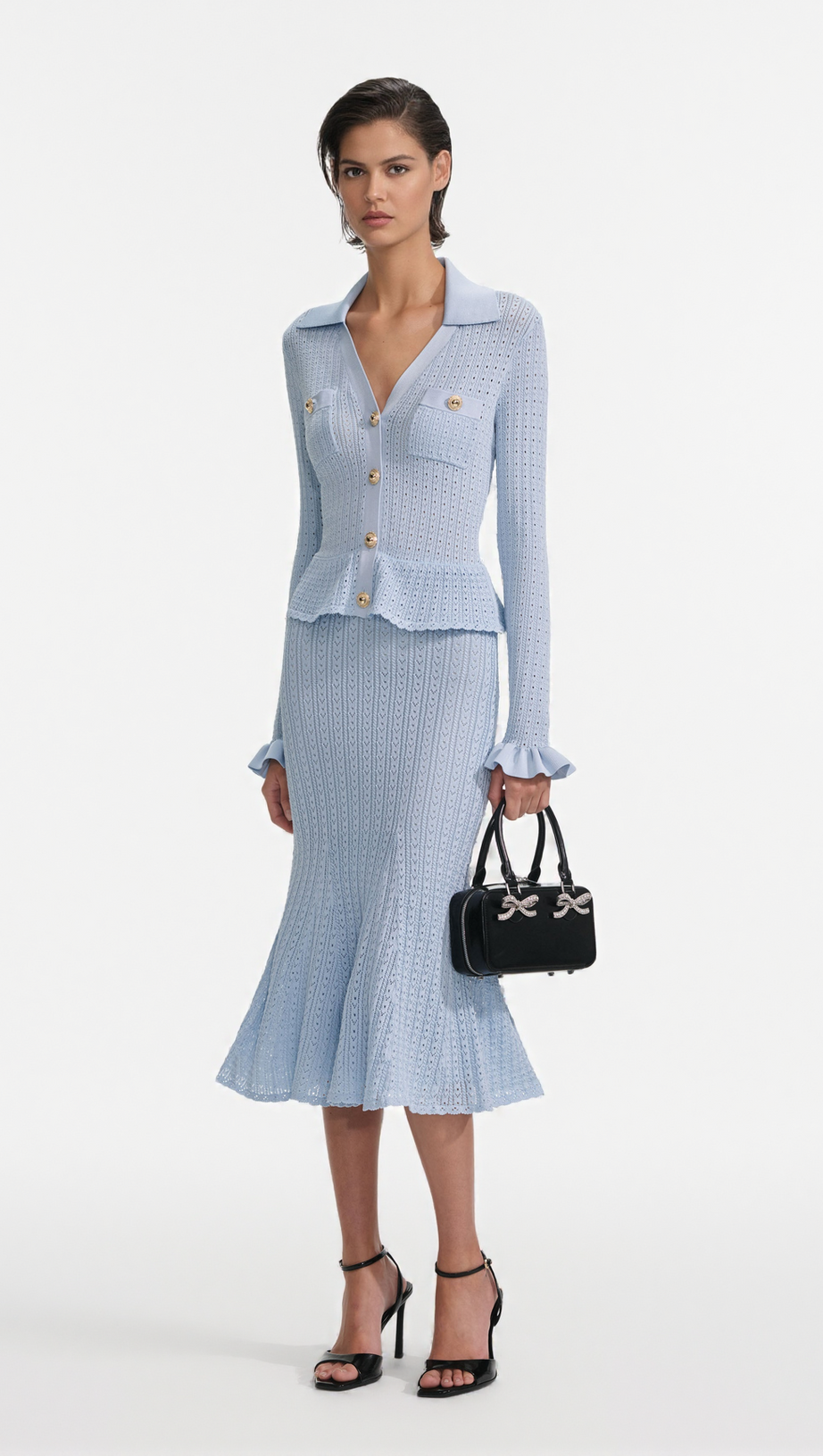 LILLIAN BLUE POINTELLE PEPLUM KNIT MIDI DRESS