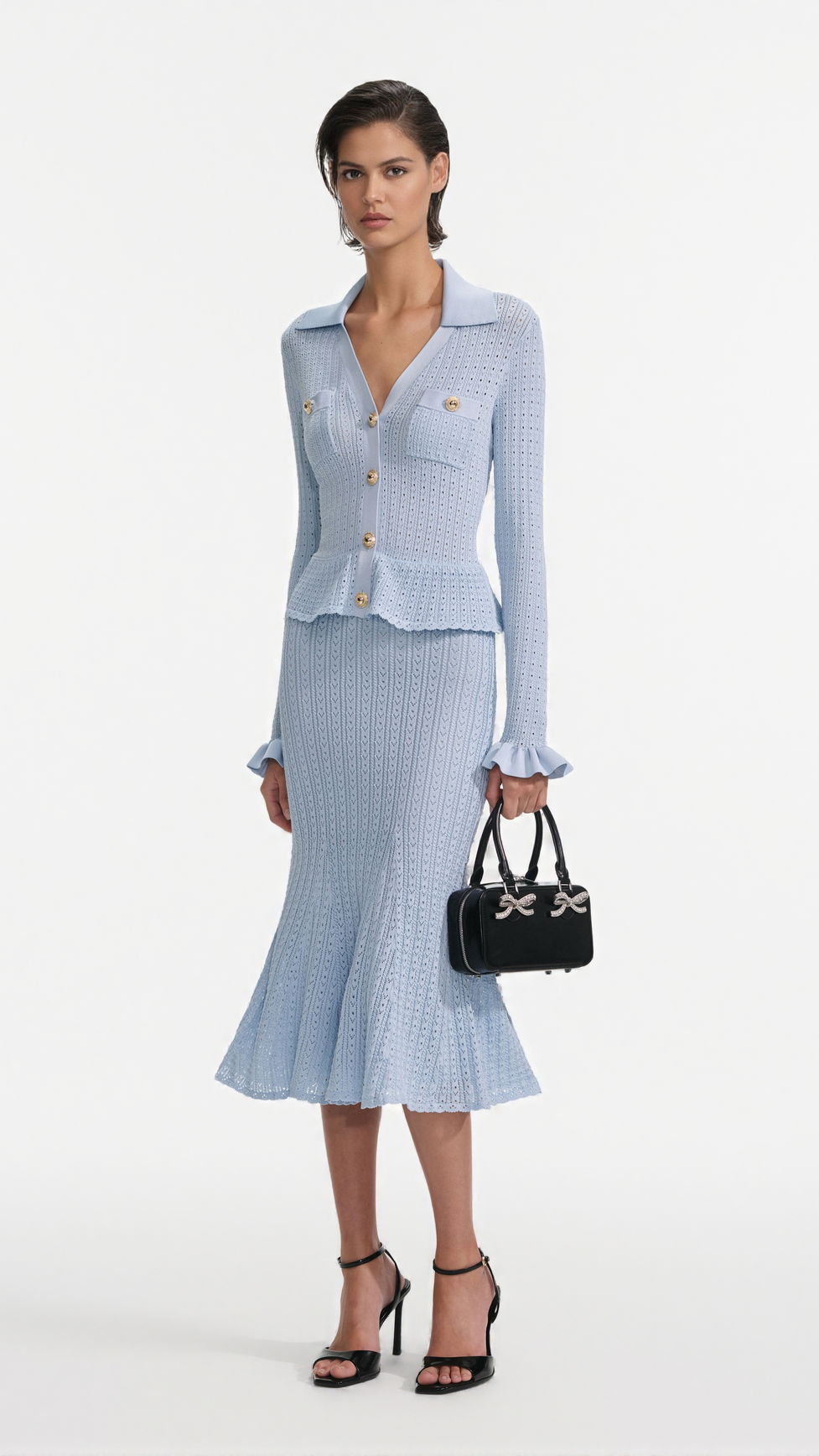 LILLIAN BLUE POINTELLE PEPLUM KNIT MIDI DRESS