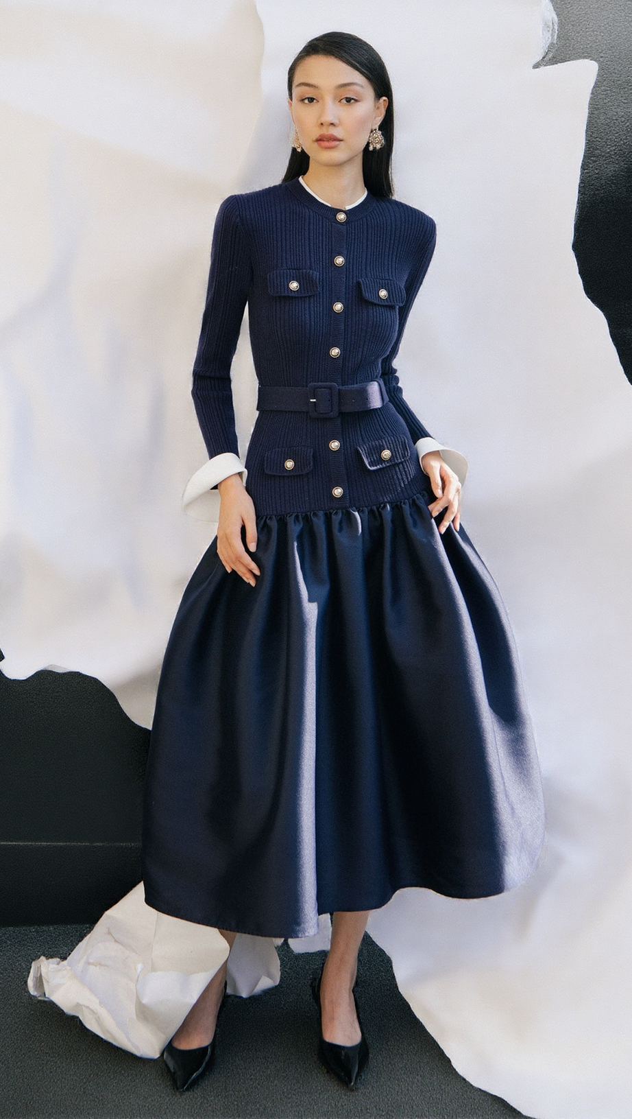 JANE NAVY KNIT TAFFETA MIDI DRESS