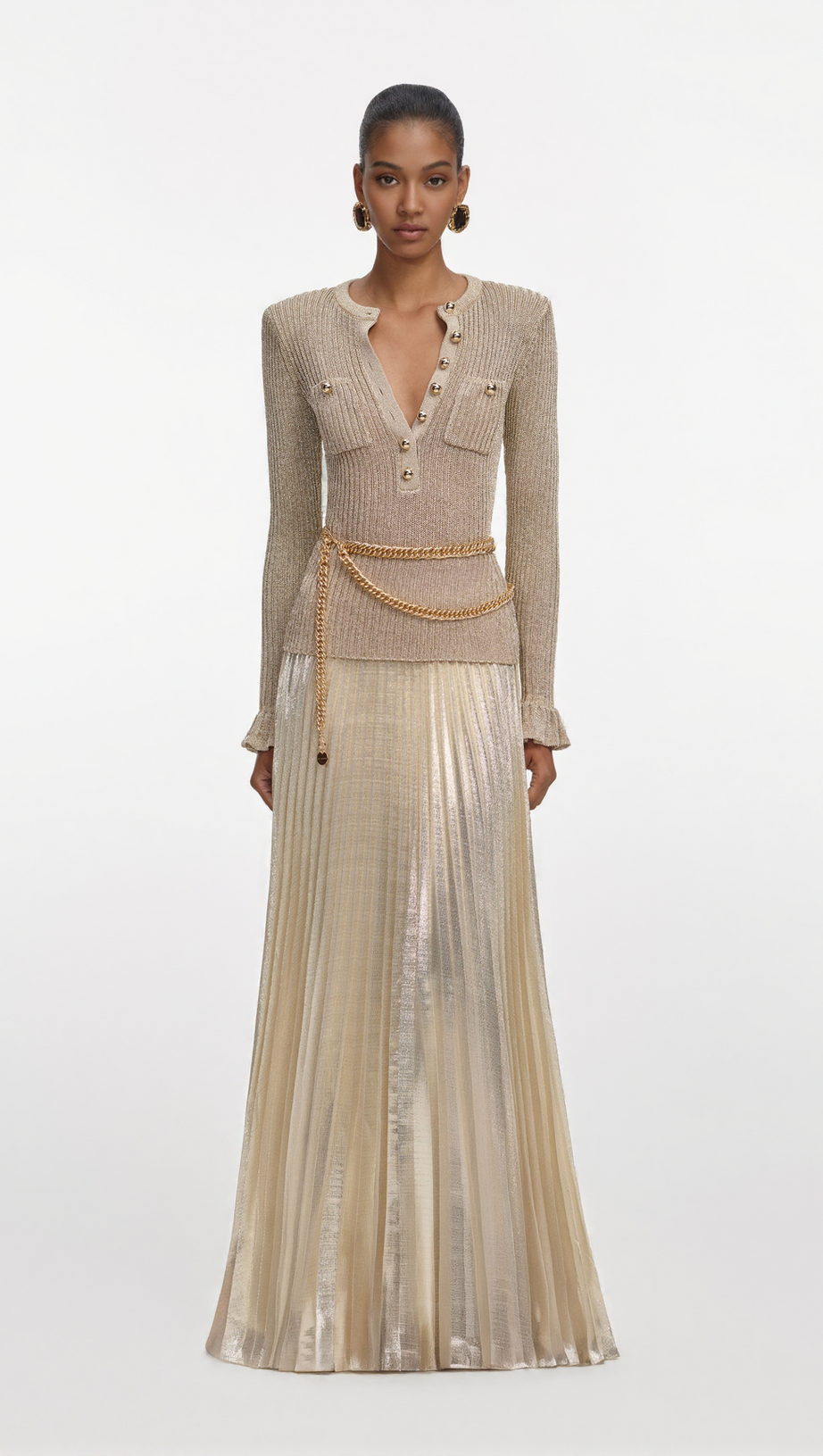 ELLEN GOLD LUREX RIBBED KNIT MAXI DRESS