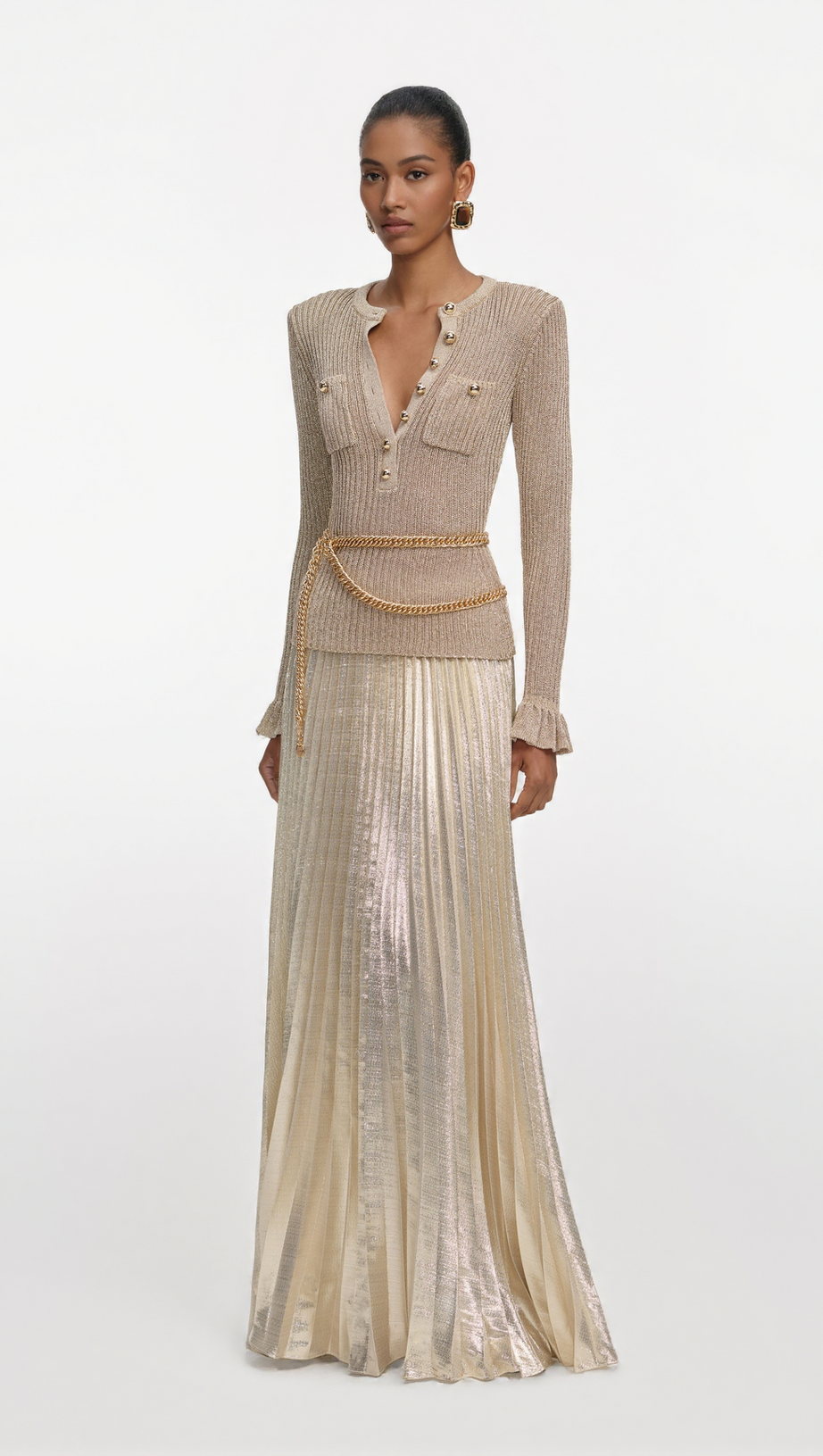 ELLEN GOLD LUREX RIBBED KNIT MAXI DRESS