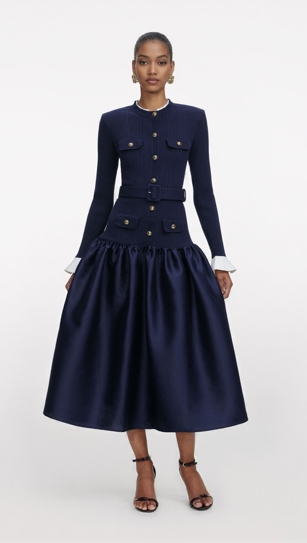 AIIZIE JANE NAVY KNIT TAFFETA MIDI DRESS - product image