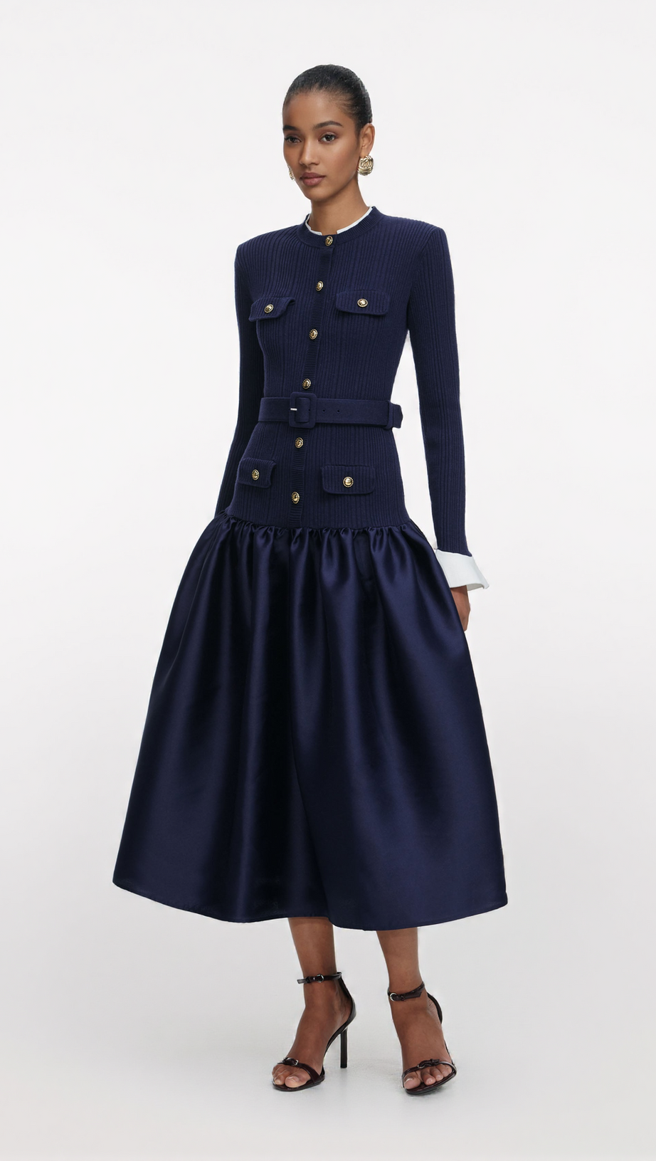 JANE NAVY KNIT TAFFETA MIDI DRESS