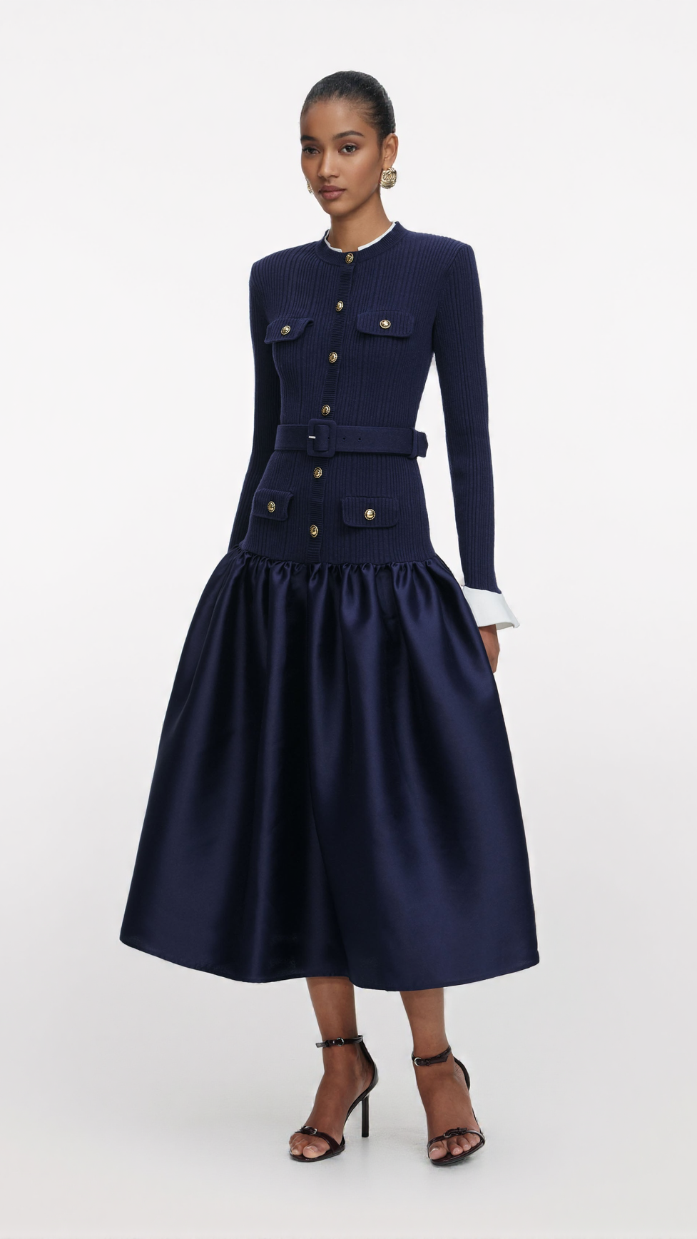 JANE NAVY KNIT TAFFETA MIDI DRESS