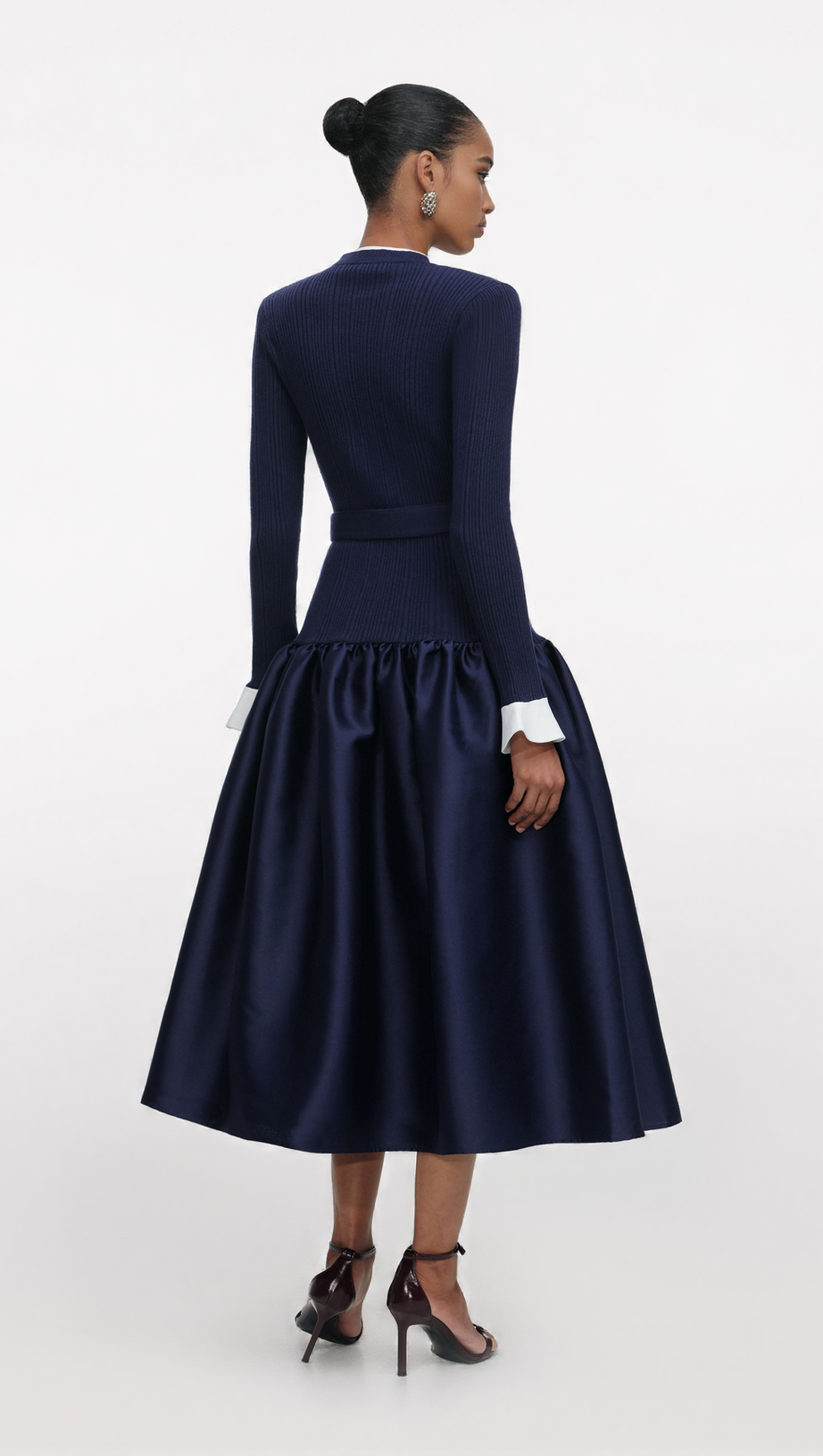 JANE NAVY KNIT TAFFETA MIDI DRESS