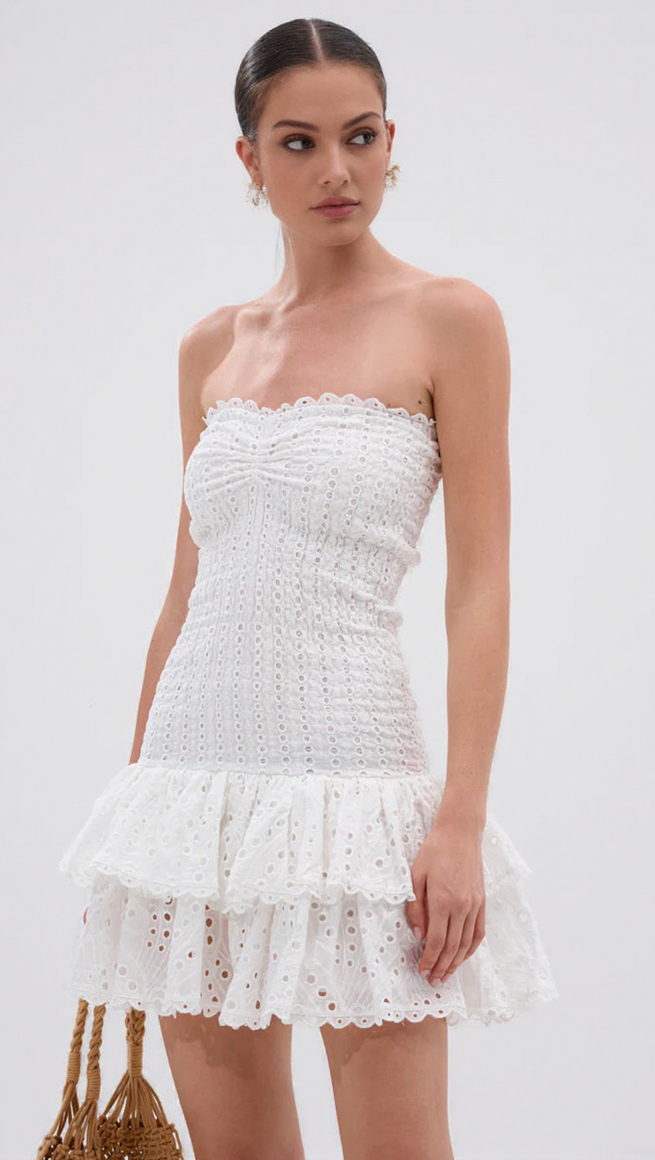 EYELET LAYERED STRAPLESS MINI DRESS IN WHITE