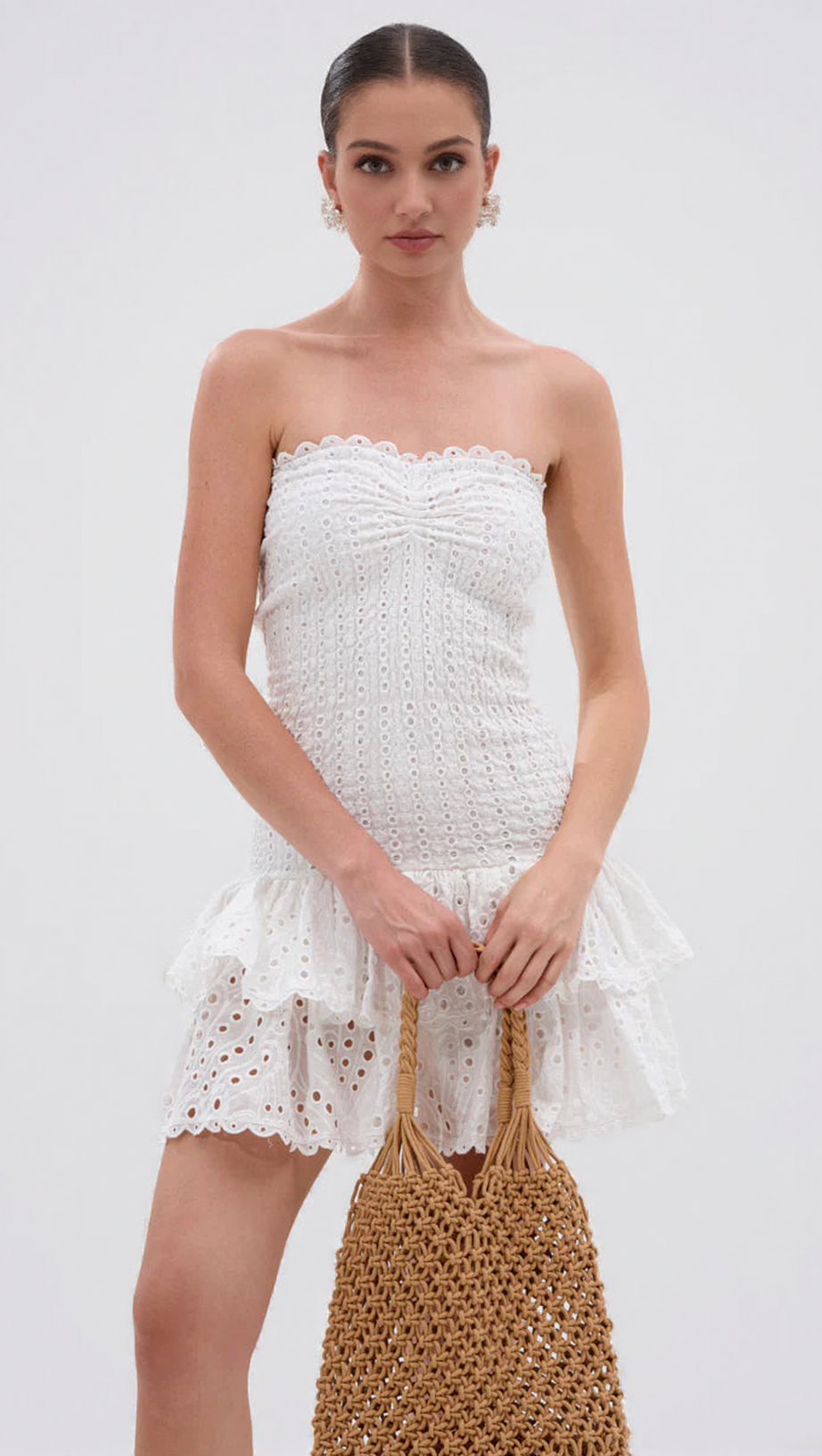 EYELET LAYERED STRAPLESS MINI DRESS IN WHITE