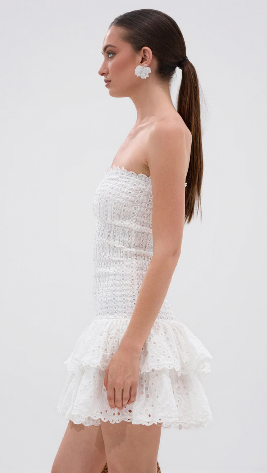 EYELET LAYERED STRAPLESS MINI DRESS IN WHITE