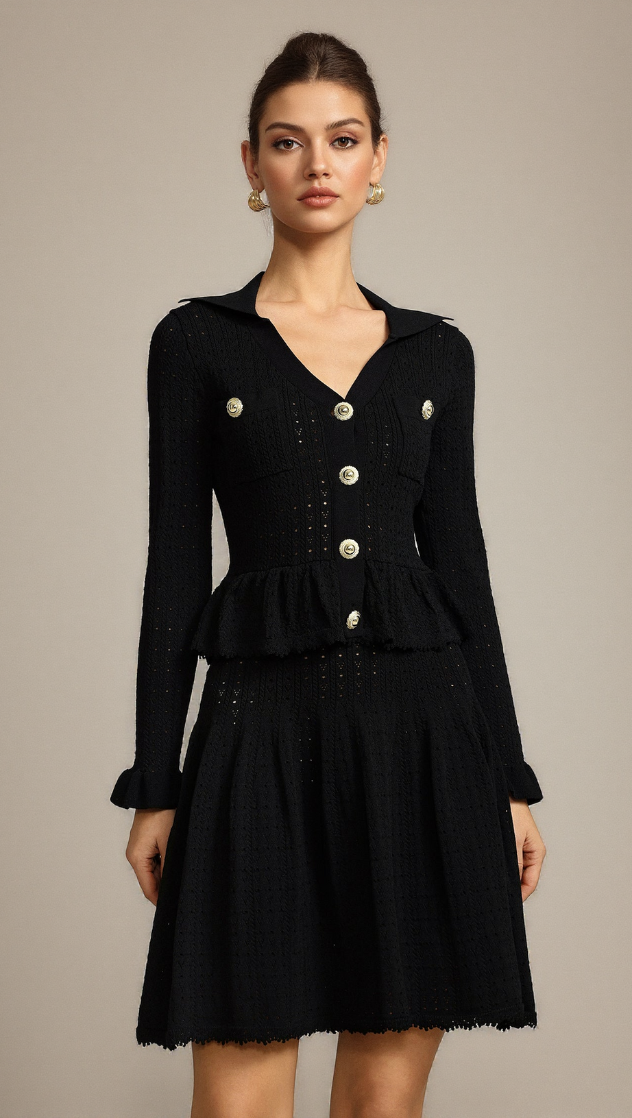 LEAF-EDGE PANELED V-NECK KNITTED MINI DRESS IN BLACK