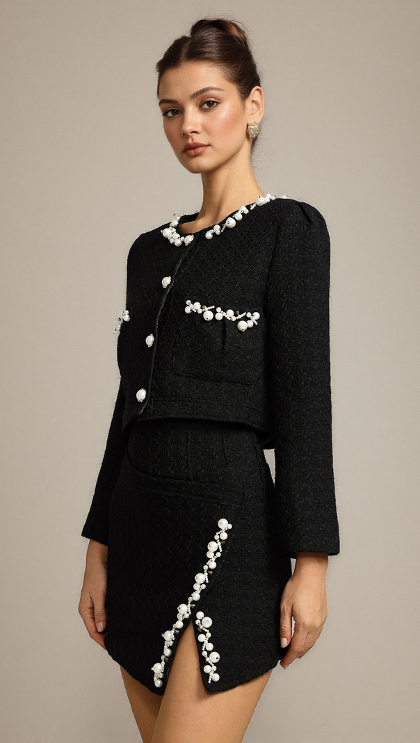 AIIZIE BLACK GRACE LONG SLEEVES PEARL TOP & SKIRT TWO-PIECE SET - product image