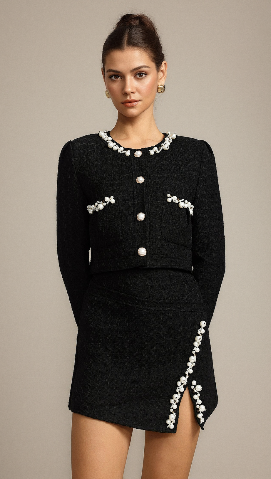 BLACK GRACE LONG SLEEVES PEARL TOP & SKIRT TWO-PIECE SET