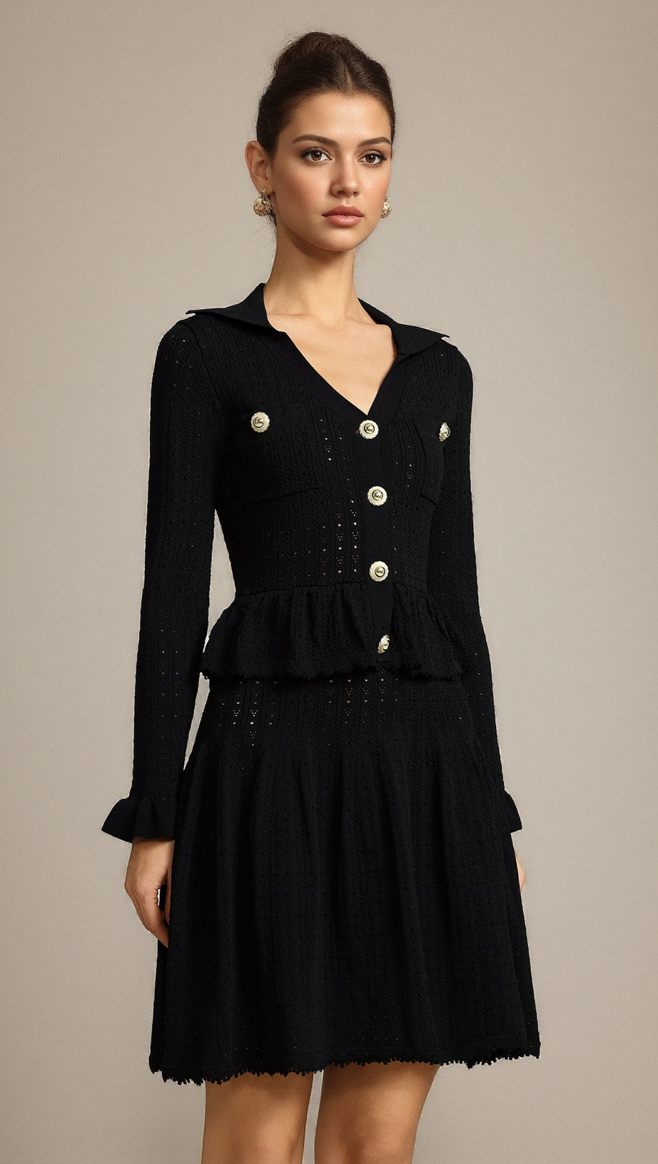 LEAF-EDGE PANELED V-NECK KNITTED MINI DRESS IN BLACK