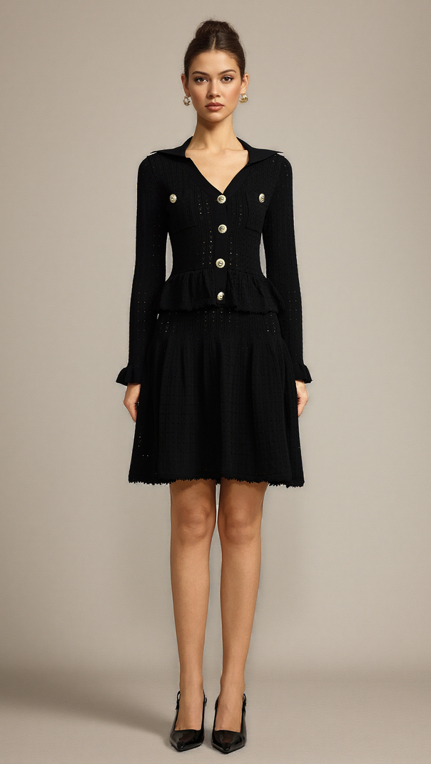 AIIZIE LEAF-EDGE PANELED V-NECK KNITTED MINI DRESS IN BLACK - product image