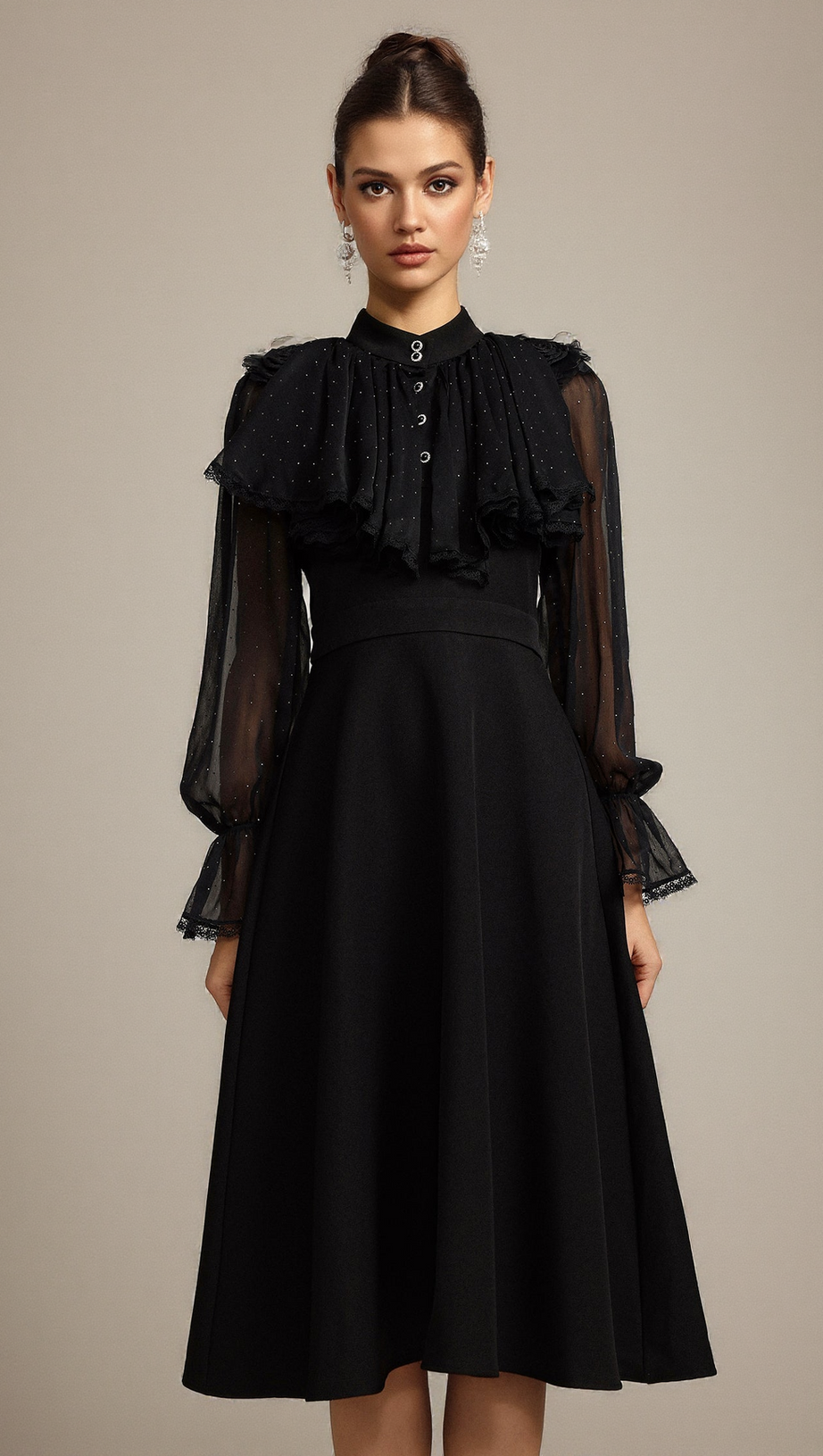 HELEN LONG SLEEVES DIAMOND ARTIFICIAL FEATHER BLACK TOP AND SKIRT TWO-PIECE SET