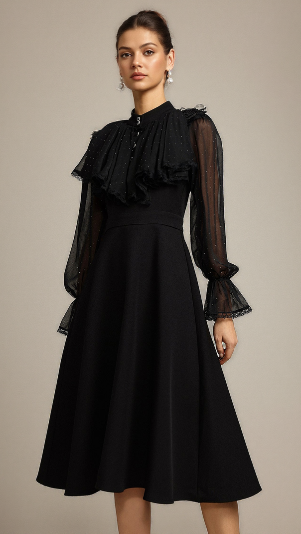 AIIZIE HELEN LONG SLEEVES DIAMOND ARTIFICIAL FEATHER BLACK TOP AND SKIRT TWO-PIECE SET - product image