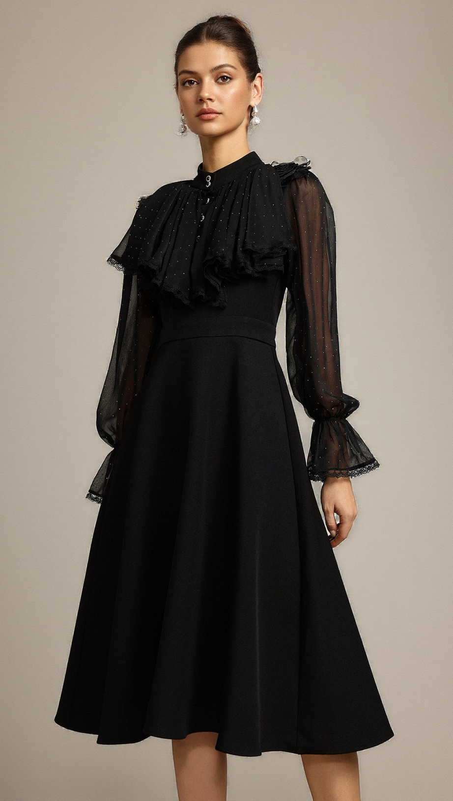 HELEN LONG SLEEVES DIAMOND ARTIFICIAL FEATHER BLACK TOP AND SKIRT TWO-PIECE SET