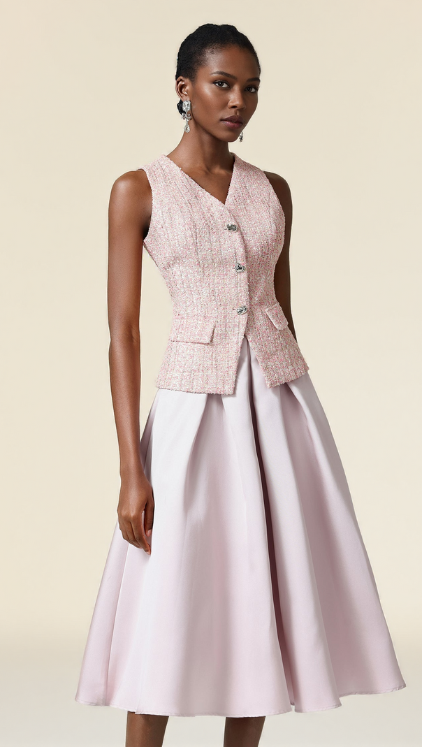 AIIZIE ELLA PINK V-NECK SLEEVELESS TOP & SKIRT TWO-PIECE SET - product image
