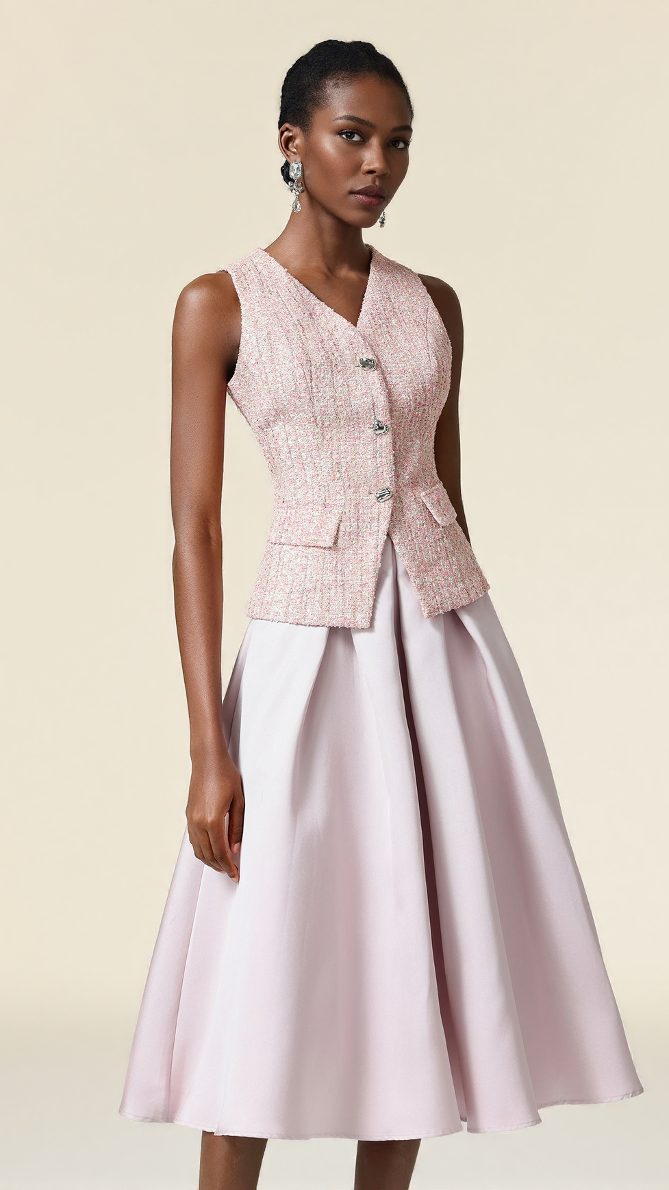 ELLA PINK V-NECK SLEEVELESS TOP & SKIRT TWO-PIECE SET