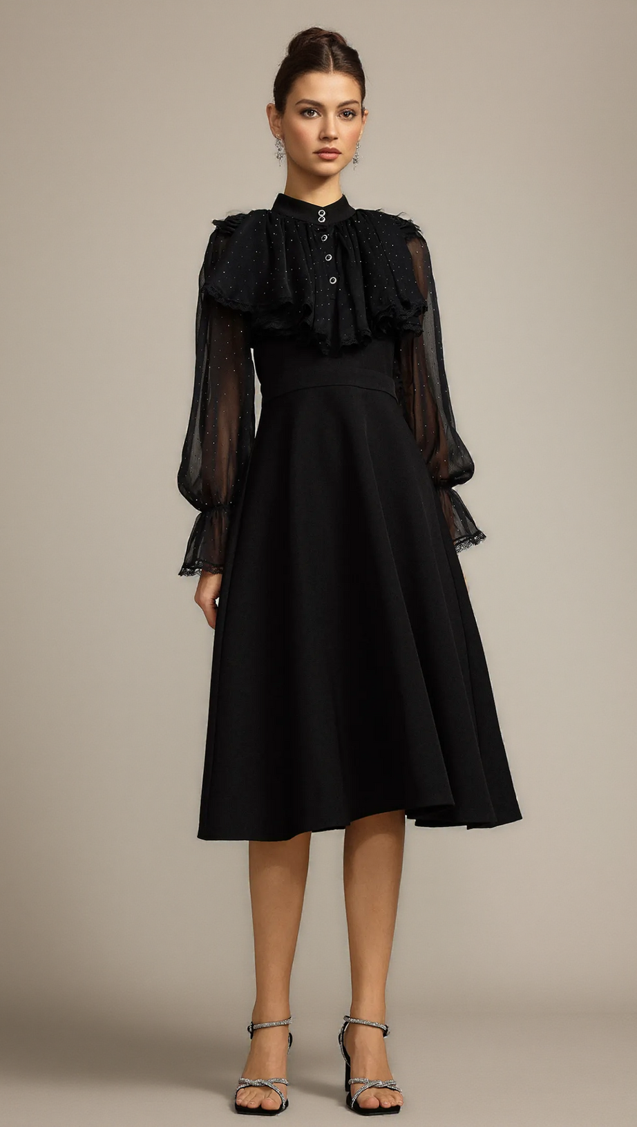 HELEN LONG SLEEVES DIAMOND ARTIFICIAL FEATHER BLACK TOP AND SKIRT TWO-PIECE SET