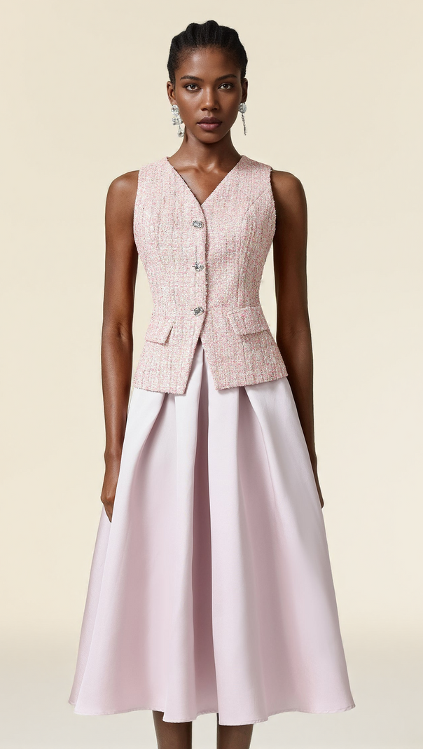 AIIZIE ELLA PINK V-NECK SLEEVELESS TOP & SKIRT TWO-PIECE SET - product image