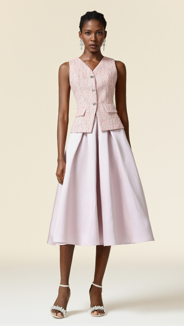 AIIZIE ELLA PINK V-NECK SLEEVELESS TOP & SKIRT TWO-PIECE SET - product image