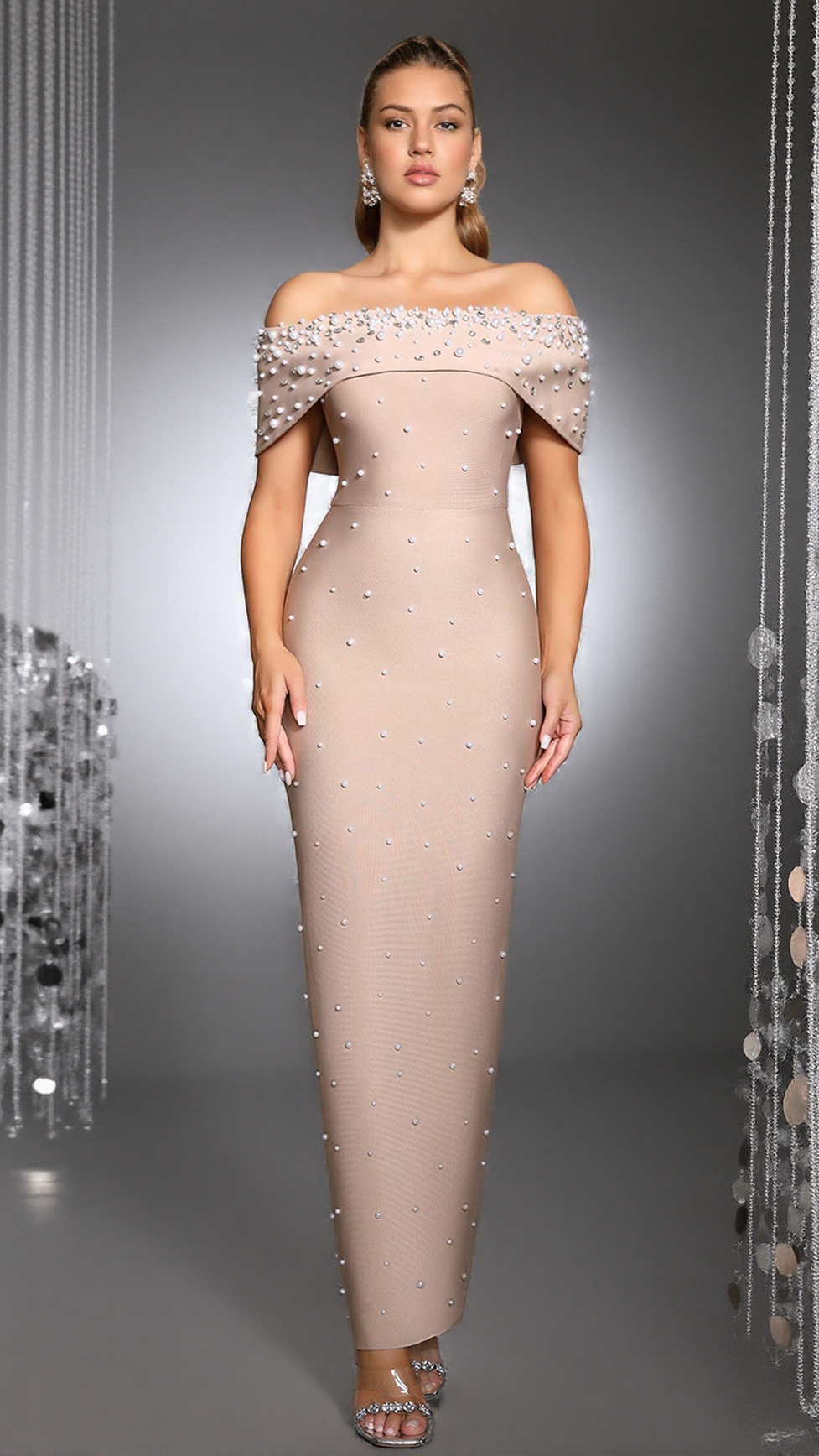 BELEN PEARL BEADED STRAPLESS MAXI BANDAGE DRESS IN APRICOT