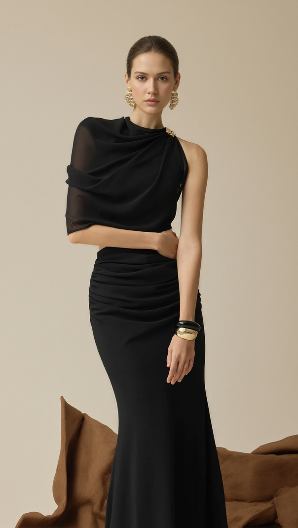 AIIZIE CHRISTINE OFF-SHOULDER PLEATED TWO-PIECE MERMAID SKIRT IN BLACK - product image